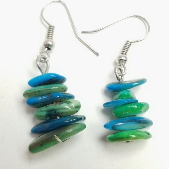 Vintage Jewelry - Vintage Blue and Green Beaded Dangle Earrings, Fun Colorful Boho Style, Estate